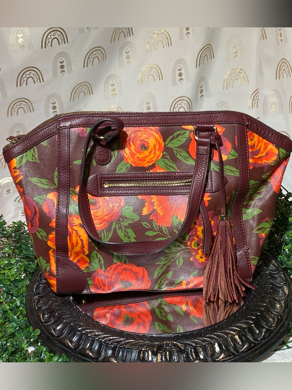 Isaac Mizrahi Burgundy Tote with Orange Floral Print and Tassel